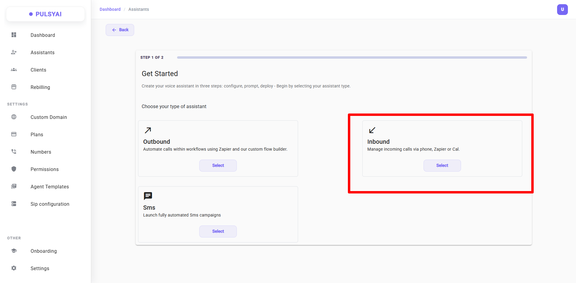 Choose agent type — Inbound, Outbound, or SMS