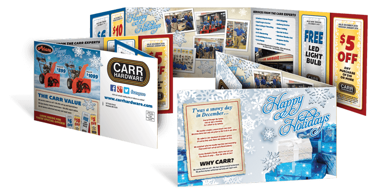 Holiday mailers, cards, envelopes, and seasonal print pieces for a business holiday mailing campaign