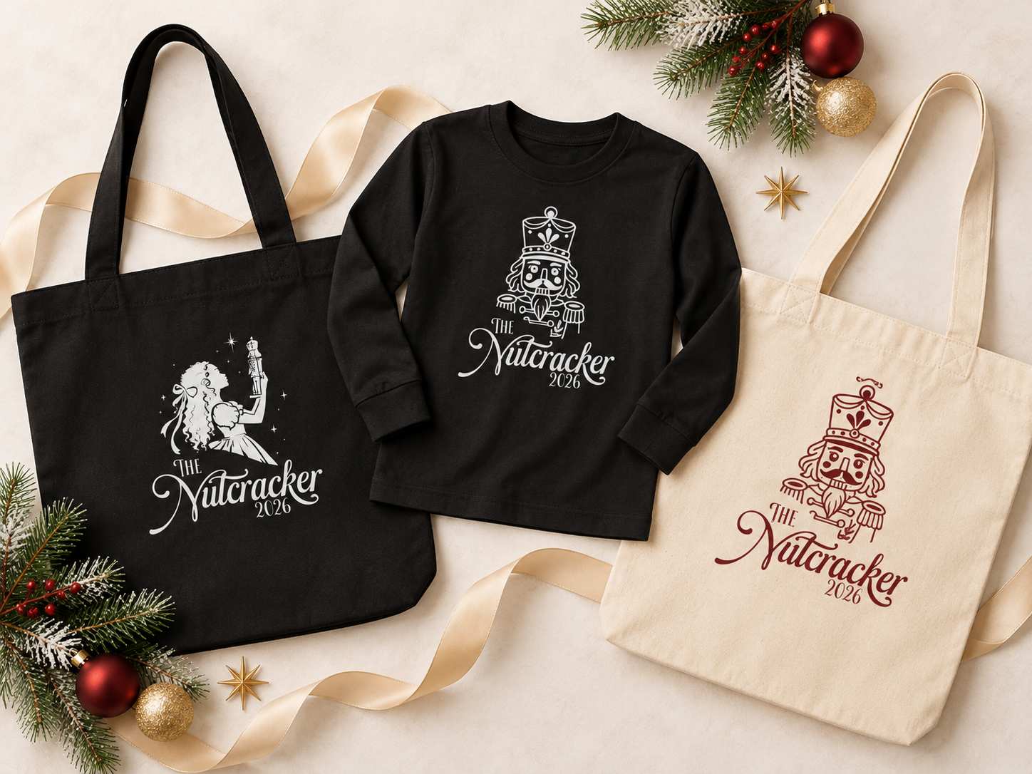 Tye Chua Dance Nutcracker 2026 merchandise including totes and children's apparel